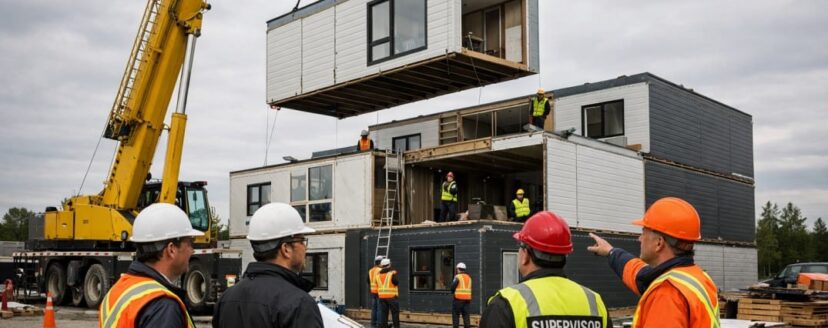 Modular building installation with crane and on-site project management team