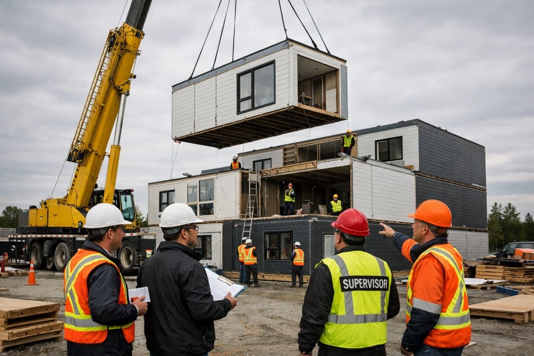 Modular building installation with crane and on-site project management team